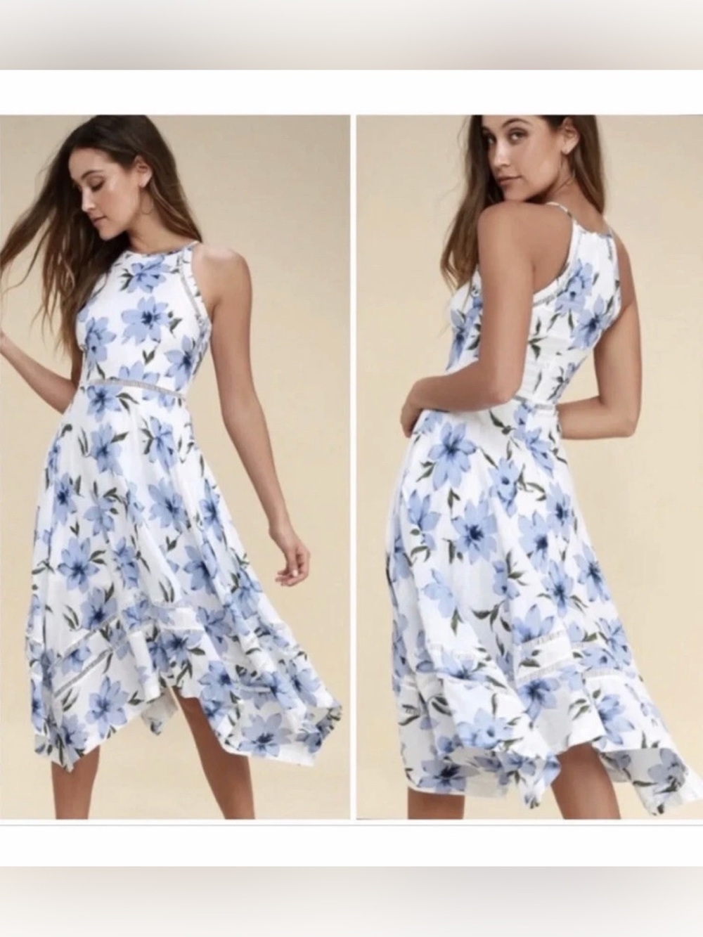 NWT Lulus Lovely White Blue Floral Print 100% Cotton Midi Dress Women's Size XL